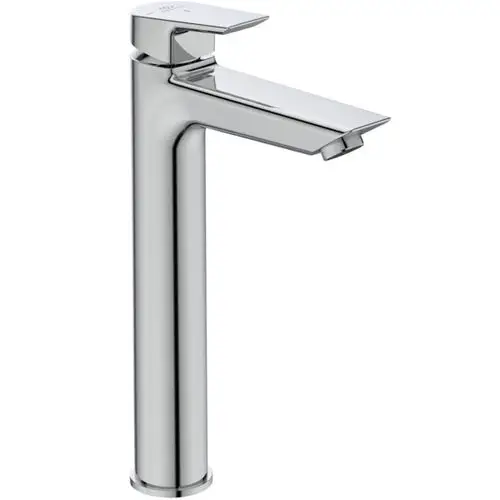Chromfarbener Wasserhahn von Ideal Standard mit flachem Auslauf und seitlichem Bedienknopf. Geeignet für moderne Waschbecken.